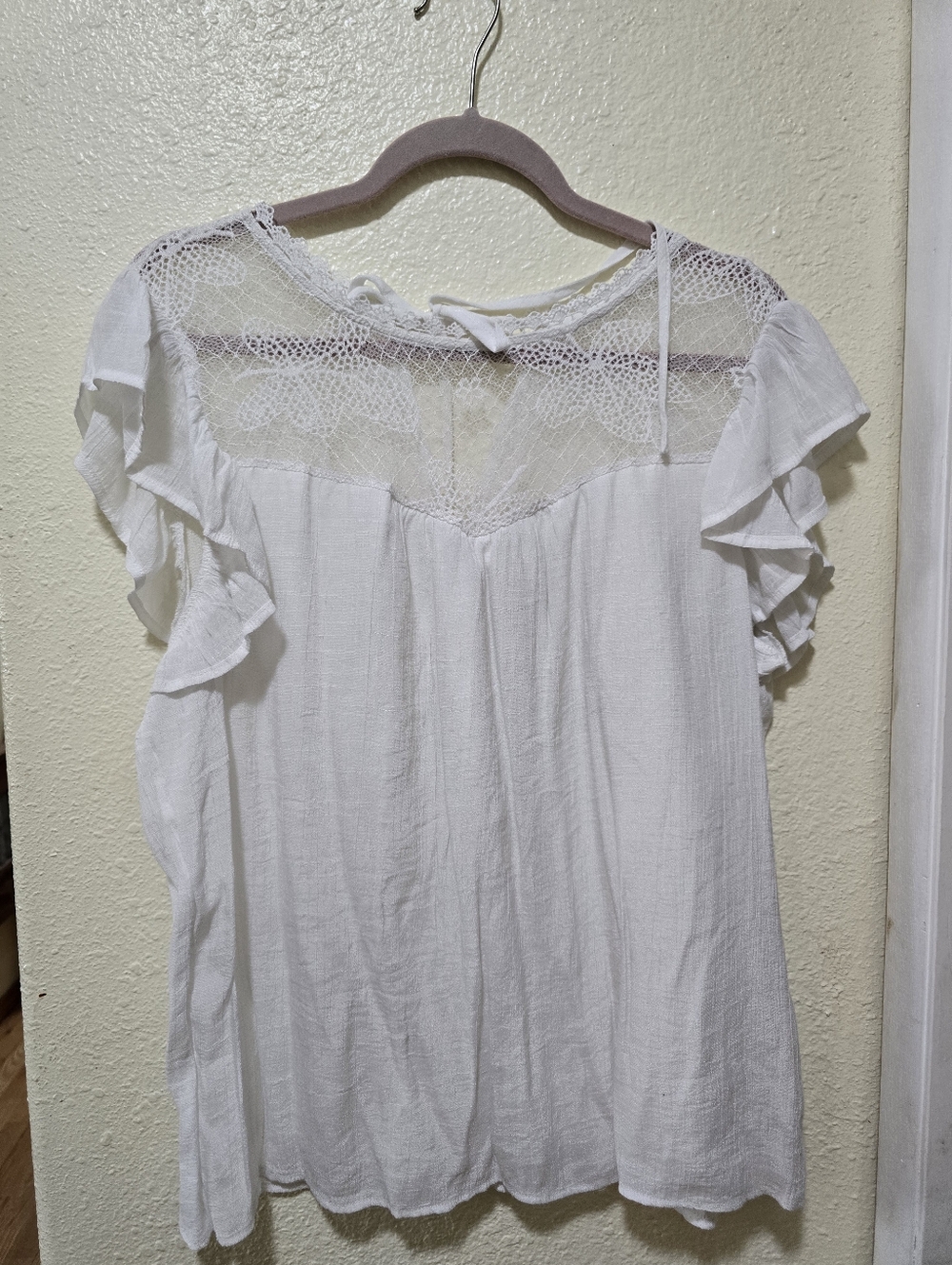 Women's White Lace Yoke Ruffle Sleeve Top